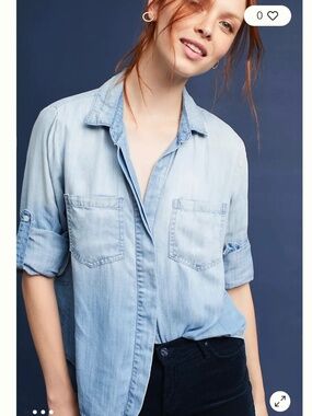 Anthropologie Cloth & Stone Split Back Chambray Button Up Shirt  Blue Tencel  XS